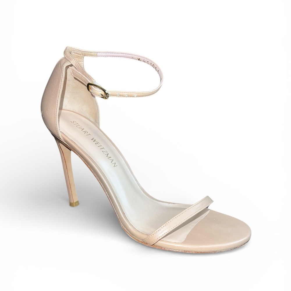 Stuart Weitzman Nudistsong Sandals Nude Leather Size 9.5 Heels 4.5” Ankle Strap